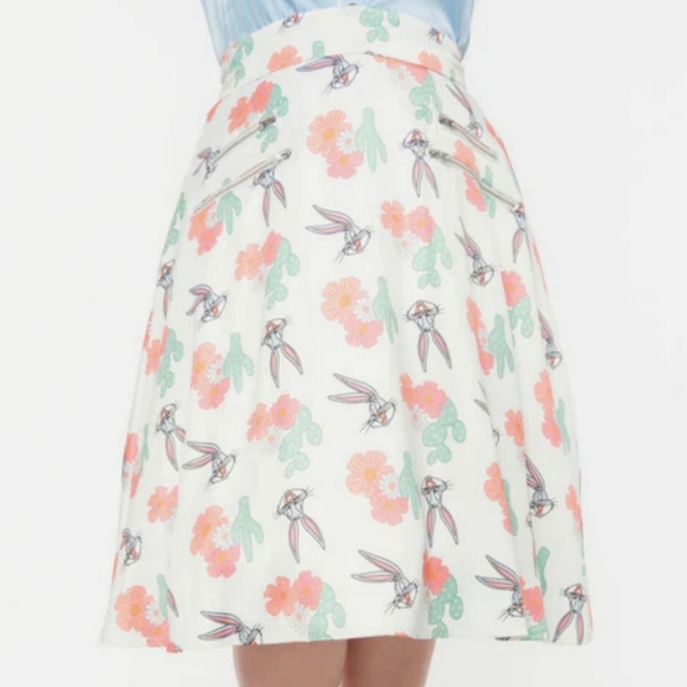 Unique Vintage White A-Line Skirt with Coral Flowers & Mint Accents